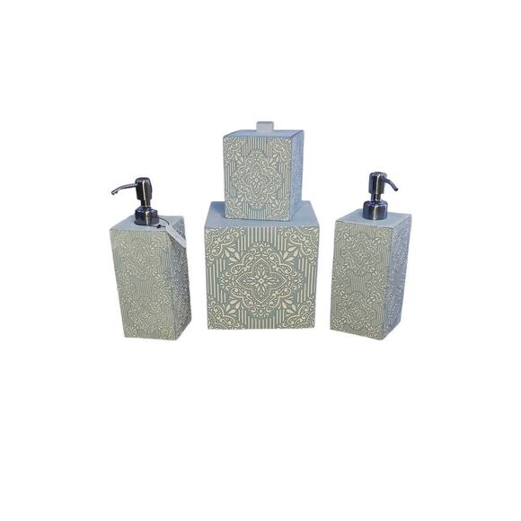 ENVOGUE ELEGANT WHITE RESIN FLOWER SOAP DISPENSER Tissue Box Cotton Swab Set - Picture 1 of 13